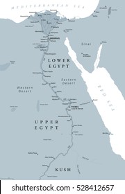 Antiguo mapa de Egipto con importantes lugares de interés, la península del Sinaí, el río Nilo y el delta. África Nororiental. Kush, el Alto y el Bajo Egipto y las capitales Memphis y Thebes. Etiquetado en inglés. Ilustración. Vector