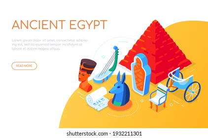 Ancient Egypt - modern colorful isometric web banner with copy space for text. Egyptian culture and art, history idea. Illustration with a chariot, papyrus, mummy, pyramid, Nefertiti and Anubis images