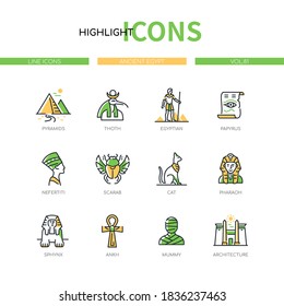 Ancient Egypt - modern line design style icons set. Egyptian culture signs and symbols, history idea. Pyramids, Thoth, papyrus, Nefertiti, scarab, cat, pharaoh, sphinx, ankh, mummy, architecture