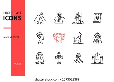 Ancient Egypt - modern line design style icons set. Egyptian culture signs and symbols, history idea. Pyramids, Thoth, papyrus, Nefertiti, scarab, cat, pharaoh, sphinx, ankh, mummy, architecture