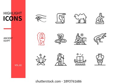 Ancient Egypt - modern line design style icons set. Egyptian culture signs and symbols, history idea. Eye of Horus, Nile, camel, Anubis, tomb, cobra, chariot, crocodile, lotus, Thoth, ship, jar