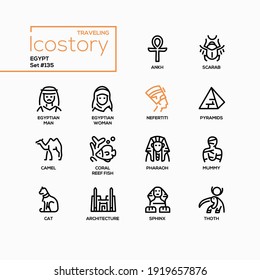 Ancient Egypt - modern line design style icons set. Egyptian culture signs and symbols, history idea. Pyramids, Thoth, Nefertiti, scarab, cat, pharaoh, sphinx, ankh, mummy, architecture, camel