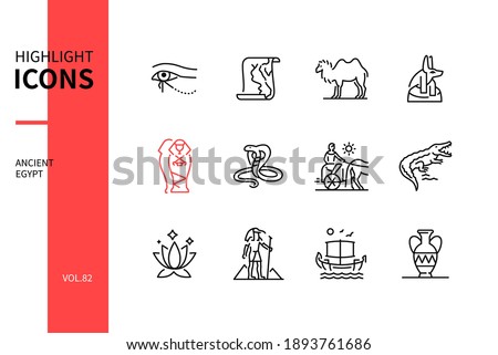 Ancient Egypt - modern line design style icons set. Egyptian culture signs and symbols, history idea. Eye of Horus, Nile, camel, Anubis, tomb, cobra, chariot, crocodile, lotus, Thoth, ship, jar