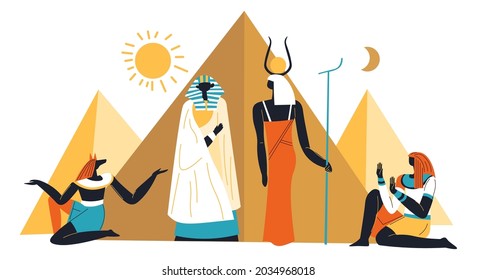 Ancient egypt, monumental pyramids and deities, gods and goddess. Ra and horus, anubis and bastet. Egyptian landmark and statue, old mythology and religion. Vector in flat style illustration