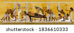 Ancient Egypt. Mummification process. Anubis and pharaoh sarcophagus. Egyptian gods, mythology. Concept of a next world. Hieroglyphic carvings. History wall painting, tomb King Tutankhamun 