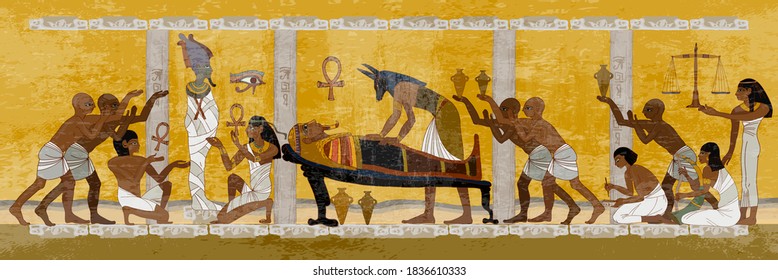 Ancient Egypt. Mummification process. Anubis and pharaoh sarcophagus. Egyptian gods, mythology. Concept of a next world. Hieroglyphic carvings. History wall painting, tomb King Tutankhamun 