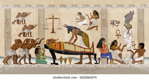 Ancient Egypt. Mummification process. Concept of a next world. Hieroglyphic carvings. History wall painting, tomb King Tutankhamun. Anubis and pharaoh sarcophagus. Egyptian gods, mythology 