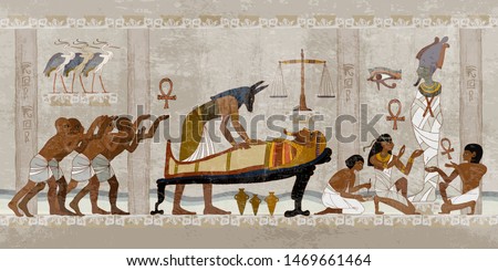 Ancient Egypt. Mummification process. Concept of a next world. Anubis and pharaoh sarcophagus. Egyptian gods, mythology. Hieroglyphic carvings. History wall painting, tomb King Tutankhamun  ストックフォト © 