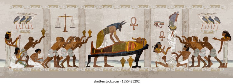 Ancient Egypt. Mummification process. Egyptian gods, mythology. Hieroglyphic carvings. History wall painting, tomb King Tutankhamun Concept of a next world. Anubis and pharaoh sarcophagus 