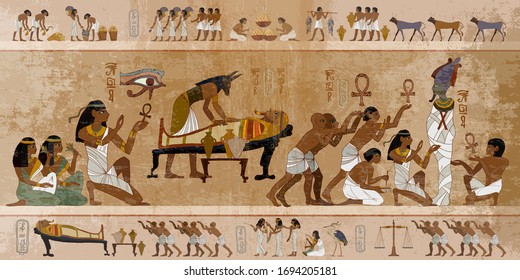 Ancient Egypt. Mummification process. Egyptian gods, mythology. Hieroglyphic carvings. History wall painting, tomb King Tutankhamun. Concept of a next world. Anubis and pharaoh sarcophagus 