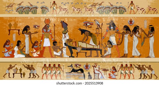 Ancient Egypt. Mummification process. Egyptian gods, mythology. Hieroglyphic carvings. History wall painting, tomb King Tutankhamun. Concept of a next world. Anubis and pharaoh sarcophagus  svg