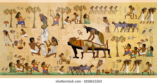 Ancient Egypt. Mummification process. Hieroglyphic carvings. History wall painting, tomb King Tutankhamun. Concept of a next world. Anubis and pharaoh sarcophagus. Egyptian gods, mythology 