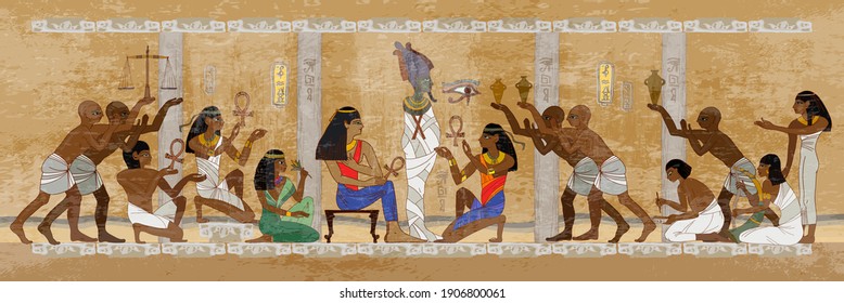 Ancient Egypt. Mummification process. Hieroglyphic carvings. History wall painting, tomb King Tutankhamun. Concept of a next world. Pharaoh sarcophagus. Egyptian gods, mythology 