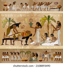 Ancient Egypt. Mummification process. Hieroglyphic carvings. History wall painting, tomb King Tutankhamun. Concept of a next world. Anubis and pharaoh sarcophagus. Egyptian gods, mythology