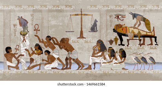 Ancient Egypt. Mummification process. Next world, religion. Anubis and pharaoh sarcophagus. Egyptian gods, mythology. Hieroglyphic carvings. History wall painting, tomb King Tutankhamun 