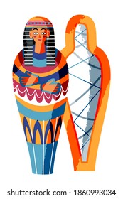 Ancient Egypt mummy in sarcophagus. Egyptian art history symbol and tradition vector illustration. Pharaoh painting on coffin. Mythology elements and patterns on white background.