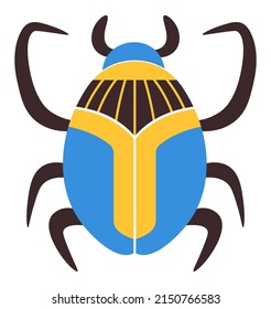 Ancient Egypt nature and culture, isolated scarabaeus beetle with colorful wings and body. Bug symbol of magic and pyramids adventures and tourism. Precious stone or decor. Vector in flat style