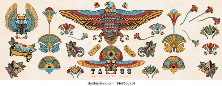 Ancient Egypt. Old school tattoo collection. Egyptian culture elements. Sacred scarab, Horus falcon, pyramids, magic eye, ethnic ornaments. Traditional tattooing style 