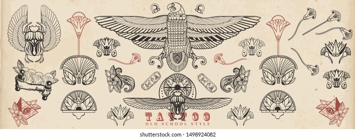 Ancient Egypt. Old school tattoo collection. Sacred scarab, Horus falcon, pyramids, magic eye, ethnic ornaments. Egyptian culture elements. Traditional tattooing style 