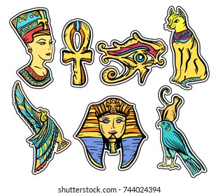 Ancient Egypt, old school tattoo. Classic flash tattoo style Egypt, patches and stickers. Pharaoh, ankh, eye Ra,  Nefertiti, cat.  Ancient Egypt hand drawn collection