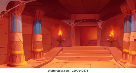 Ancient Egypt palace, castle or pyramid interior. Old pharaoh tomb corridor with bricks walls, pillars, torches, stairs, sand on floor and spiderweb, vector cartoon illustration