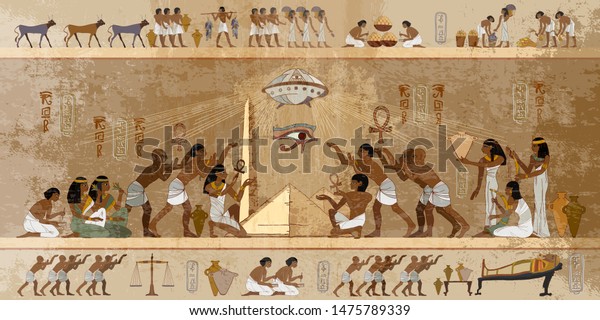 古代エジプト 古接触フレスコー エイリアンとエジプト人 最初の連絡先 ピラミッドの上の宇宙船ufo 古代の宇宙飛行士が地球を訪れ 古い石壁画 のベクター画像素材 ロイヤリティフリー