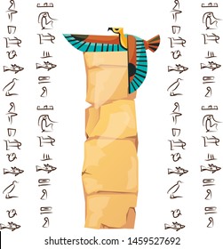 Ancient Egypt papyrus with falcon flying cartoon vector illustration. Ancient paper with hieroglyphs, storing information, Egyptian culture religious symbol with sun god isolated on white background