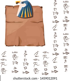 Ancient Egypt papyrus with falcon head cartoon vector illustration. Ancient paper with hieroglyphs, storing information, Egyptian culture religious symbol with sun god isolated on white background