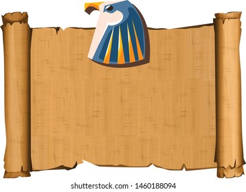 Ancient Egypt papyrus with falcon head cartoon vector illustration. Ancient paper with hieroglyphs, storing information, Egyptian culture religious symbol with sun god isolated on white background