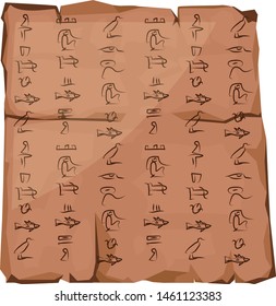 Ancient Egypt papyrus part cartoon vector illustration. Ancient paper with hieroglyphs, Egyptian culture religious symbols, facility for storing information, isolated on white background