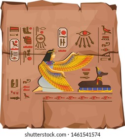 Ancient Egypt papyrus part cartoon vector. Ancient paper with hieroglyphs and Egyptian culture religious symbols, gods Isis and Anubis, isolated on white background