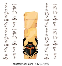 Ancient Egypt papyrus part or or stone column with sacred scarab beetle cartoon vector illustration. Egyptian culture symbol, blank unfolded ancient paper with ibis and hieroglyphs, isolated on white