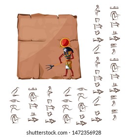 Ancient Egypt papyrus part or stone column with sacred falcon headed god cartoon vector illustration. Egyptian culture symbol, blank unfolded ancient paper with hieroglyphs, isolated on white