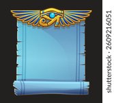 Ancient Egypt papyrus scroll cartoon vector with Eye of Horus and Egyptian culture religious wings, Egyptian icon, object, background or frame for game development.