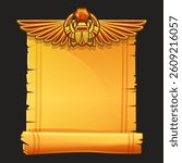 Ancient Egypt papyrus scroll cartoon vector with scarab and Egyptian culture religious wings, Egyptian icon, object, background or frame for game development.