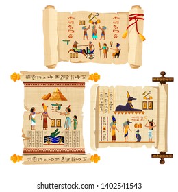 Ancient Egypt papyrus scroll cartoon vector collection with hieroglyphs and Egyptian culture religious symbols, ancient gods, pyramids, scarab and human figures. Decorated with red cord and isolated