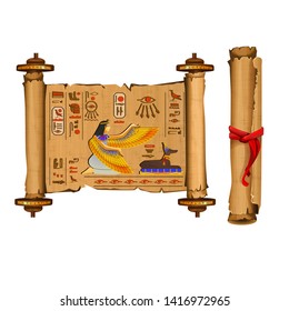 Ancient Egypt papyrus scroll cartoon vector collection with hieroglyphs and Egyptian culture religious symbols, ancient gods. Decorated with red cord and isolated on white background