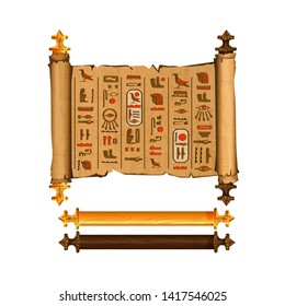 Antigua colección vectorial de papiros de Egipto con jeroglíficos y símbolos religiosos de la cultura egipcia, dioses antiguos y pájaros sagrados, manuscrito aislado con elementos de madera oscura y clara.