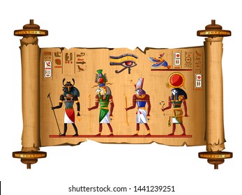 Ancient Egypt papyrus scroll cartoon vector with hieroglyphs and Egyptian culture religious symbols, Ra and Horus, falcons, sun gods, Khepri scarab, rising god and Khnum ram, keeper of Nile source.