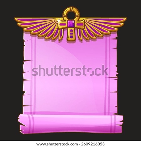 Ancient Egypt papyrus scroll cartoon vector with Ankh and Egyptian culture religious wings, Egyptian icon, object, background or frame for game development.