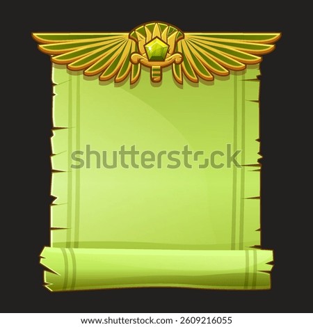 Ancient Egypt papyrus scroll cartoon vector with Lotus and Egyptian culture religious wings, Egyptian icon, object, background or frame for game development.
