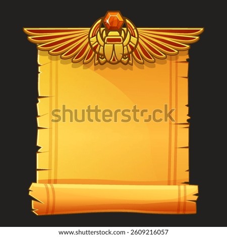 Ancient Egypt papyrus scroll cartoon vector with scarab and Egyptian culture religious wings, Egyptian icon, object, background or frame for game development.