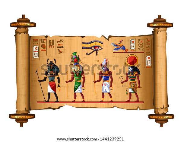 古代エジプトのパピルスの絵文字とエジプト文化の宗教シンボルを持つ絵巻物のベクター画像 Raとhorus 鷹 太陽神 Khepri Scarab 上昇する神とkhnum ナイルのソースのキーパー のベクター画像素材 ロイヤリティフリー