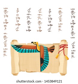Ancient Egypt papyrus scroll decorated with red cord cartoon vector illustration. Egyptian culture symbol, blank unfolded ancient paper, flying falcon and hieroglyphs, isolated on white