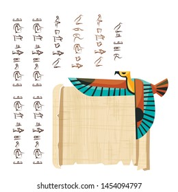 Ancient Egypt papyrus scroll with flying bird figure cartoon vector illustration. Egyptian culture symbol, blank unfolded ancient paper, flying falcon and hieroglyphs, isolated on white