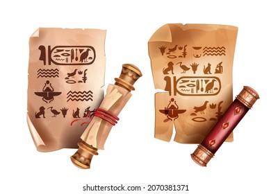 Ancient Egypt papyrus scroll game icon, old parchment paper kit, vintage manuscript letter on white. Mythology hieroglyphs, open paper sheet, UI vintage document illustration. Egypt papyrus clipart