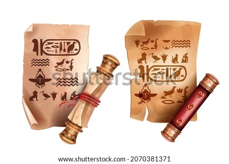 Ancient Egypt papyrus scroll game icon, old parchment paper kit, vintage manuscript letter on white. Mythology hieroglyphs, open paper sheet, UI vintage document illustration. Egypt papyrus clipart