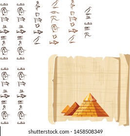 Ancient Egypt papyrus scroll with pyramid silhouette cartoon vector illustration. Ancient paper with hieroglyphs, storing information, Egyptian culture religious symbols, isolated on white background