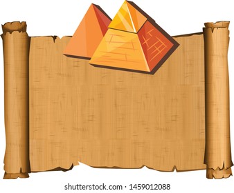 Ancient Egypt papyrus scroll with pyramid silhouette cartoon vector illustration. Ancient paper for storing information, Egyptian culture religious symbols, isolated on white background