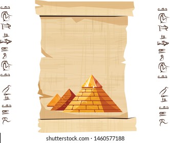 Ancient Egypt papyrus scroll with pyramid silhouette cartoon vector illustration. Ancient paper with hieroglyphs, storing information, Egyptian culture religious symbols, isolated on white background